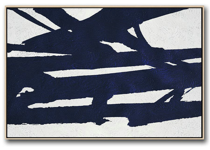Horizontal Abstract Painting Navy Blue Minimalist Painting On Canvas,Extra Large Wall Art #Z8E6
